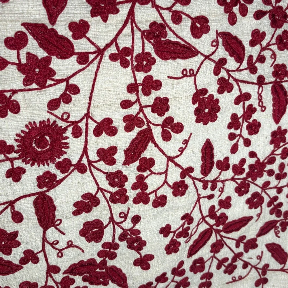 Pillow Cover Cream Red Pottery Barn Floral Embroidered Silk Cotton 18x18 Square